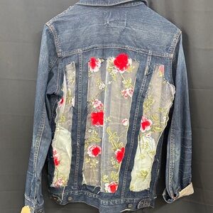 Repurposed Denim Jacket with Red Floral Lace Inset by Jagged Threads